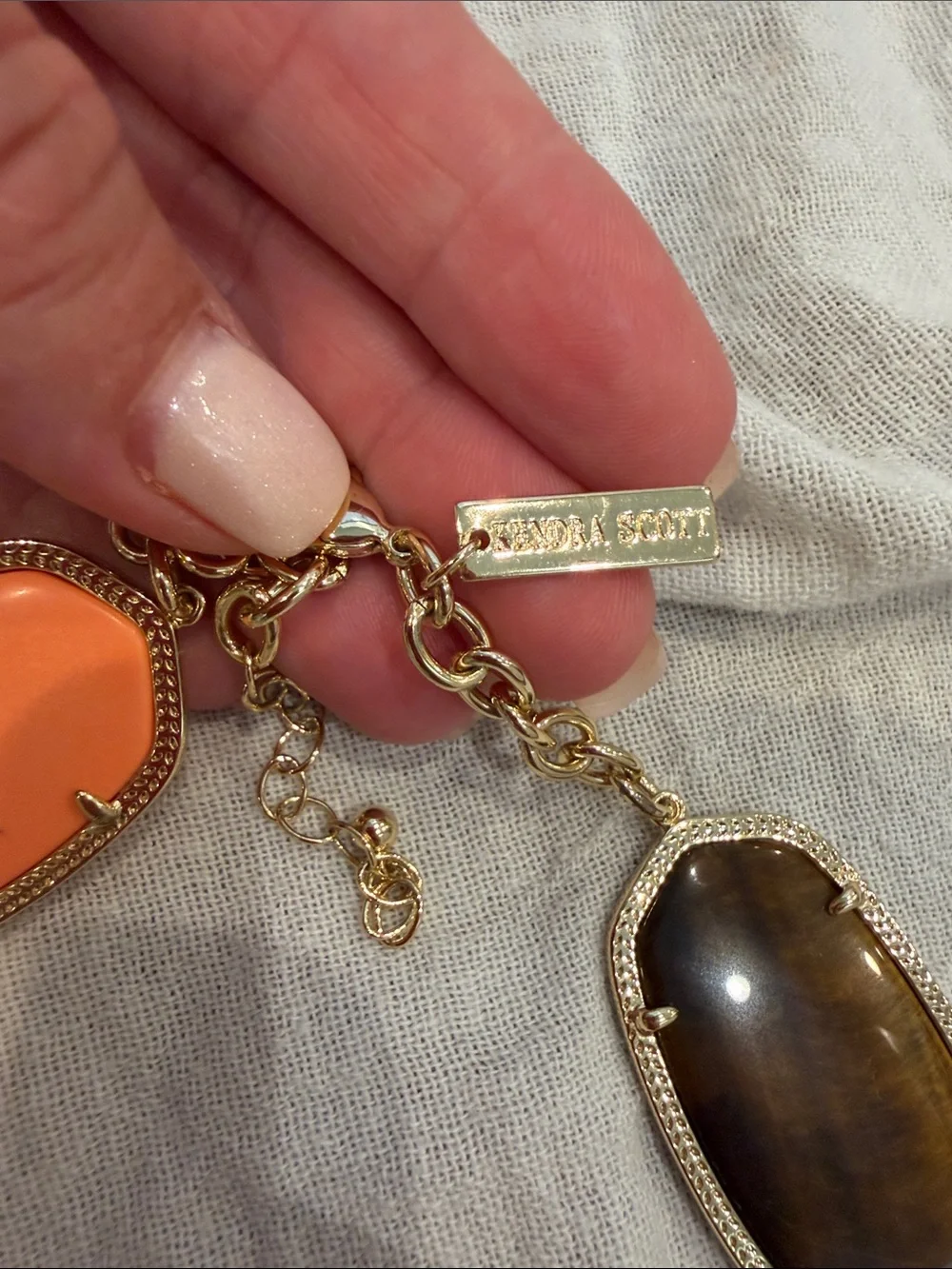 Kendra Scott drea statement necklace tiger's eye, clear quartz, opaque coral